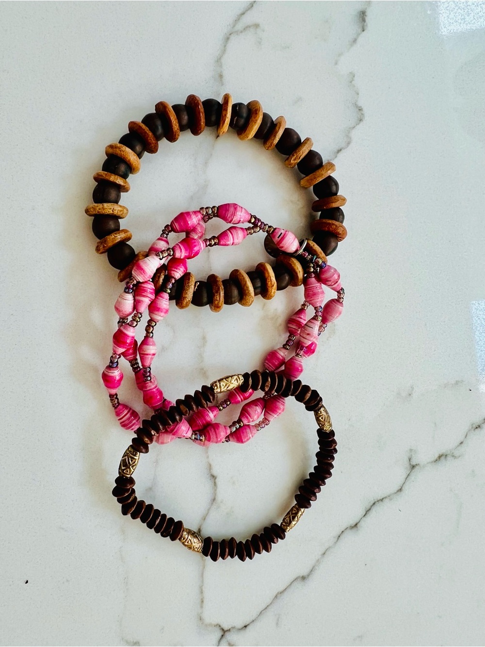 Beads for Life-Handcrafted in Uganda Pink & Brown Bead Stretch Bracelet Set —